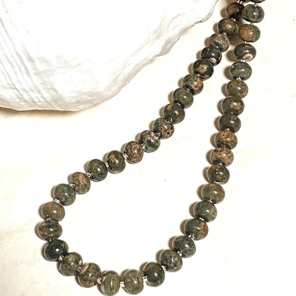 Unakite Stone Beaded Necklace, Genuine Gemstone Stackable Layering Necklace - Picture 3 of 8